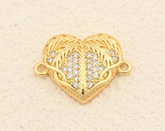 Botanical 18K Gold Plating Heart Connector with Raised Leaf Carving and Zircon Shine for Jewelry 25x19mm