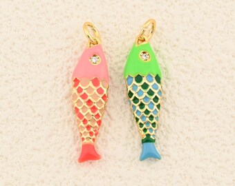 Elegant Marine Fish Pendant with Glossy Enamel Texture and 18K Gold Filled Connector for DIY Jewelry Craft 7x25mm