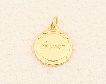 Spanish Amor Coin Design in 18K Gold Plated Smooth Round Form for Romantic Gift and Everyday Styling 15mm