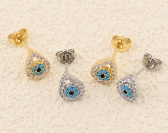 Glamorous 18K Gold Filled Teardrop Earrings with Blue Gemstone and Sparkling Pave Outline 7x10mm