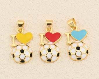 Trendy I Love Football Charm with Glossy Enamel Heart and Detailed Soccer Ball Pendant 12x20.5mm