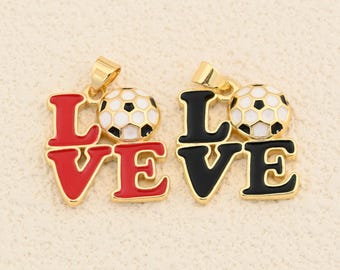Unique Letter Pendant Combining LOVE Motif with Soccer Ball Detail and Polished Enamel 18x20mm
