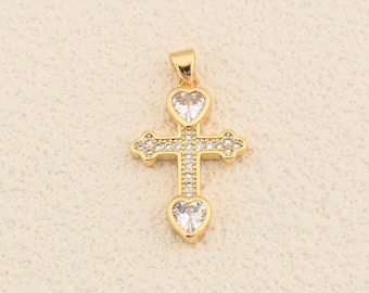 Crystal Heart Cross Pendant in 18K Gold Filled with Sparkling Zircon Detail for Elegant Jewelry Styling 17x25mm