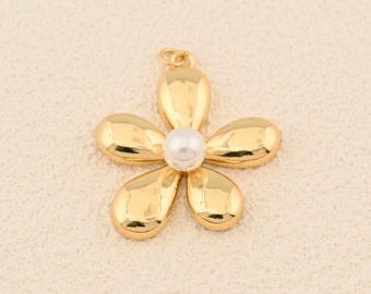 Beautiful Gold Floral Charm Featuring Glossy Petals and Lustrous White Pearl Accent Design 34x36mm