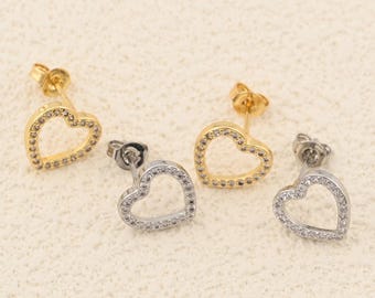 Chic Silver and Gold Open Heart Earrings Featuring Crystal Details for Minimalist Jewelry Lovers 11x11mm