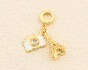 Parisian 18K Gold Plating Travel Charm with Camera and Eiffel Detail for Bracelet Jewelry Crafts 8x17mm