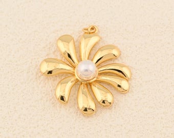 Stylish Gold Floral Charm Featuring Glossy Petals and Single Pearl Accent for Necklace Making 36x39mm