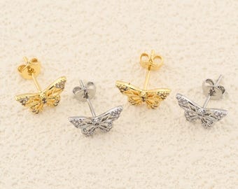 Elegant 18K Gold Filled 3D Butterfly Stud Earrings with Sparkling Zircon Accents for Everyday Elegance 13x8mm