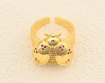 Cheerful 18K Gold Plating Ladybug Wrap Ring with Zircon Body and Red Dot Detail for Jewelry Wear 25x21mm