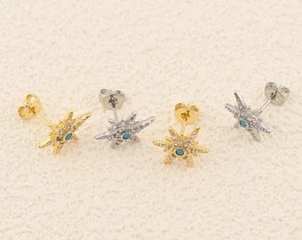 Luminous Gold and Silver North Star Stud Earrings Adorned with Blue Stone and Dazzling Details 10x14mm