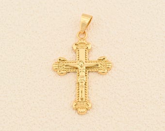 Religious Cross Pendant 18K Gold Filled Beaded Edge Crucifix Charm for Christian Necklace Craft Design 30x45mm
