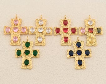 Gemstone Cross Pendant with Ornate Texture Design 18K Gold Filled Christian Faith Symbol 32x35mm