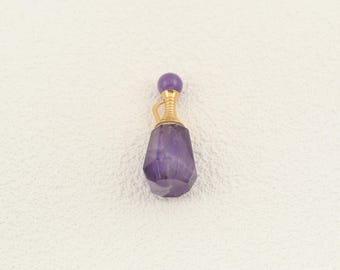 Amethyst Perfume Bottle, Faceted Purple Gemstone Vial with 18K Gold Filled Tone Wire Wrapped Cap, Miniature Wearable Scent Bottle 17x43mm