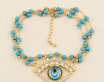 Layered Turquoise Necklace with Evil Eye Pendant 18K Gold Filled Protective Jewelry Design 60+6cm