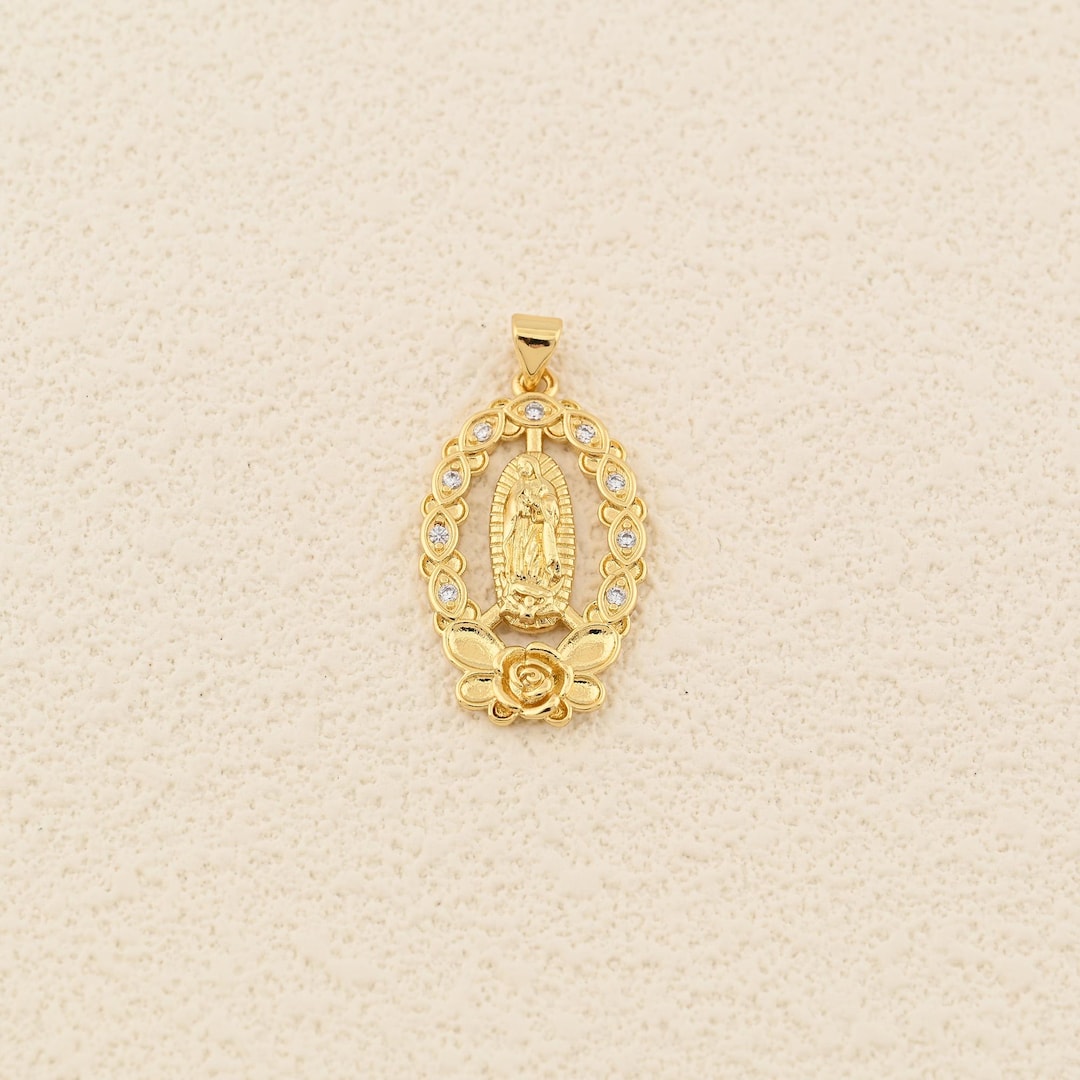 Sacred Virgin Mary Pendant in 18K Gold Filled Oval Medal With Rose ...