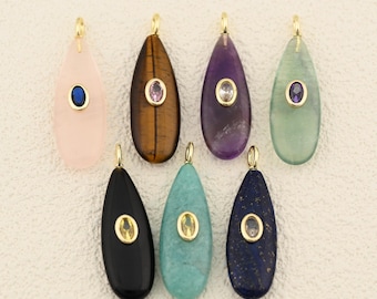 Water Drop Style Natural Stone Pendant Designed with Gentle Contours and Refined Bezel Crystal Accent 13x42mm