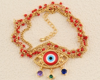 Boho Style Evil Eye Pendant Necklace Featuring Red Beaded Chains And 18K Gold Filled Details 60+6cm