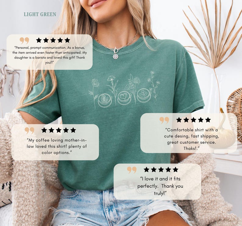 Light green t-shirt mockup with coffee and wildflower illustration. Soft girl aesthetic and botanical lover gift idea.