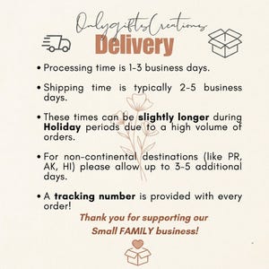 May include: A beige graphic with the text "Onlygifts Creations Delivery". The text describes processing and shipping times, and mentions a tracking number. It also includes a thank you message for supporting a small family business.