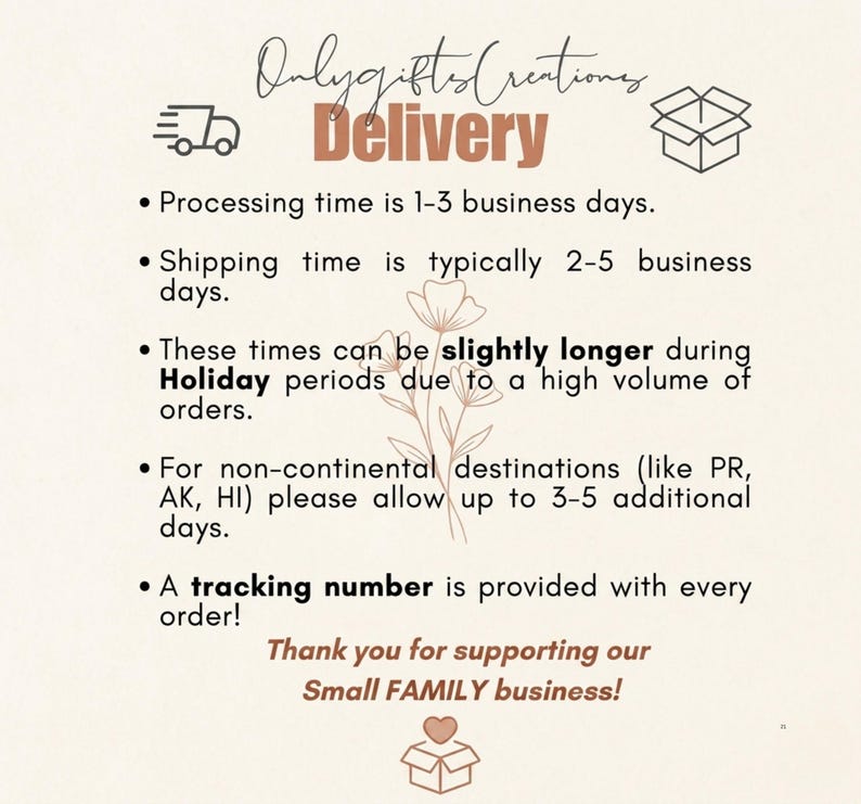 May include: A beige graphic with the text "Onlygifts Creations Delivery". The text describes processing and shipping times, and mentions a tracking number. It also includes a thank you message for supporting a small family business.
