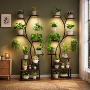 Indoor Plant Stand with Grow Lights, 9 Tier Wood Plant Shelf, Large Metal Plant Rack for Living Room Corner, 2 Pack Flower Pot Holder