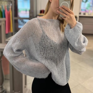 Handmade Light Blue Mohair Sweater. Oversized Sheer Knit Pullover for Women. Oversized Jumper with Balloon Sleeves. Soft Cozy Winter Jumper