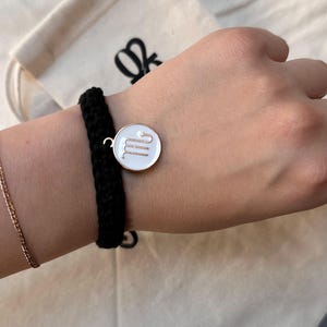 Black Zodiac Bracelet with Cotton Rope. Handmade Natural Fiber Wristband. Adjustable White or Black Horoscope Charm Gift for Her or Him