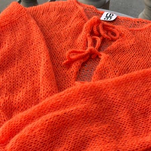 Women’s Orange Mohair Sweater. Handmade Lightweight Pullover with Ties. Oversized Lightweight Mohair Cardigan. Sheer Long Sleeve Top