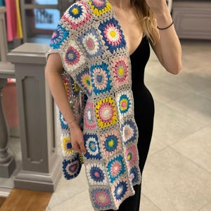 Colorful Flower Crochet Scarf. Handcrafted Granny Square Cotton Shawl. Retro Boho Gift for Her. Floral Crochet Wrap. Vintage Afghan Crochet