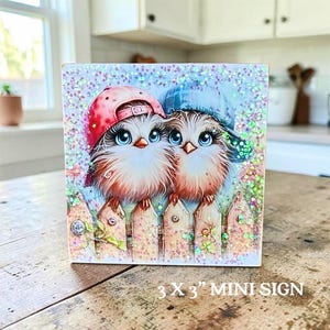 Mini Cute Birds Sign. TINY 3x3” Mini Sign with Glitter. Cute Tray Decor. Shelf Sitter.