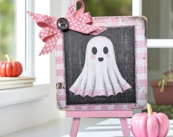 Mini Rustic Pink Ghost Sign with Easel – PINKoween Tiered Tray Decor – Cute Halloween Shelf Accent – Pink Ghost Home Decor Gift