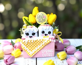 New!!  Hello Spring Tulips Marshmallow Cutie Box Arrangement. 7x7” ~ Pink and Yellow SPRING Decor.