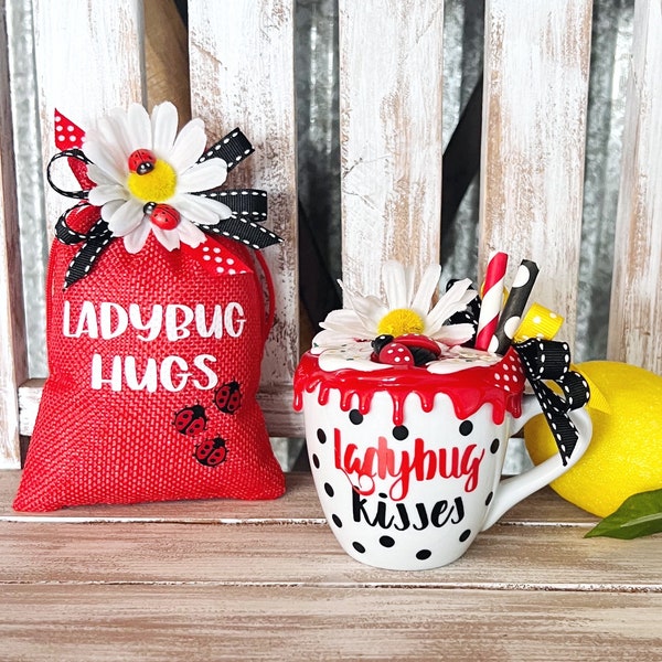 New! Mini LADYBUG Tiered Tray Decor. Ladybug KISSES Mug OR Ladybug Hugs Sack… *Spring Tiered Tray Decor. Red.Black.