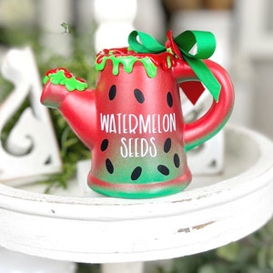 Limited Ed. Mini Watermelon WATERING CAN.Watermelon Seeds Mini Watering can. Ceramic Watermelon Tray Decor. 5” tall.