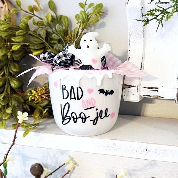 Mini BAD and BOOjee Pot. Ceramic Halloween Pot for Tray*** Pink Halloween Ghost Tiered Tray Decor. Ceramic Halloween Decor. Boujee Decor.