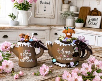 New! LIMITED Edition… Highland Cow Decor. Farmhouse Teapot. Cow Watering Can. Cottagecore Tray Decor.
