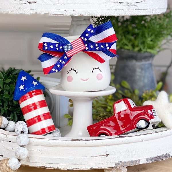 Fourth of JULY Bow for CERAMIC Marshmallow Mug. SUMMER Tiered Tray Decor. Red White Blue Crown for Mug. *Mug not included*