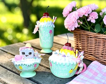 New!! Ice Cream Tray Decor Set. Ceramic Teapot, Cappuccino Mug and/or Ice Cream Parfait. Fake Bake Ice Cream for Summer