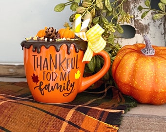 Mini THANKFUL for my FAMILY Mug. *Orange Mini Mug. Ceramic Tiered Tray Decor Fall Tiered Tray Decor.