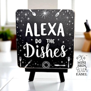 Mini letrero de Alexa "Lava los platos" con caballete, 10 x 10 cm. Decoración para bandeja de cocina.