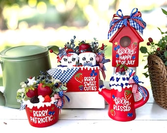 New!! Mixed Berry Tray Decor Set. 4th of JULY Decor. Patriotic Marshmallow Cuties Box Arrangement, Mini Birdhouse, Watering Can or Pot.