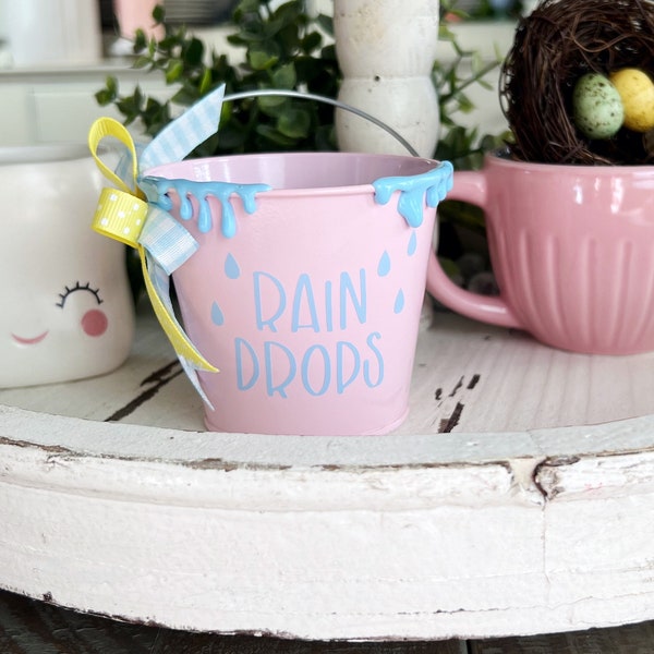 Mini RAIN DROPS Pail. Pink TRAY decor. Spring Rain Tray Decor.