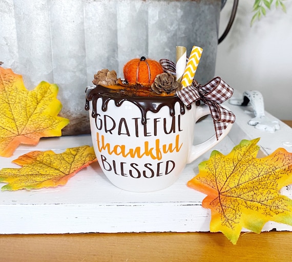 Fall Mini Mug Tiered Tray Decor GRATEFUL Thankful BLESSED with Faux Coffee Drips . Thanksgiving Decor. Faux Fall Tiered Tray Decor.