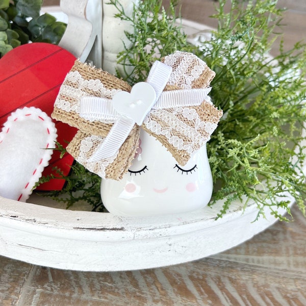 Burlap and Lace Bow for CERAMIC Marshmallow Mug. Neutral Mug Bow.  Burlap with White Lace Tiered Tray Decor.