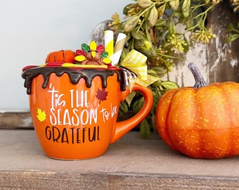 Mini ‘Tis the SEASON to be Grateful Mug. *Orange Ceramic Mini Mug. Fall Tiered Tray Decor. Thanksgiving Tray Decor.