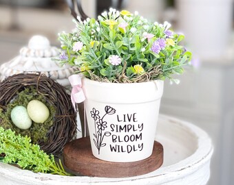 Live SIMPLY Bloom WILDLY Mini Floral Arrangement in a Ceramic Pot. Spring or Summer Tiered Tray Decor. Farmhouse Decor.