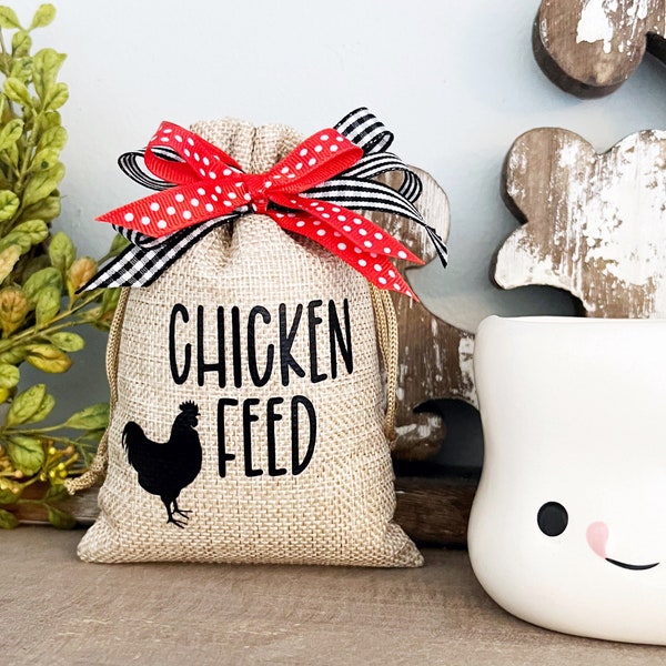 Mini CHICKEN FEED Sack. Tiny Burlap Sack. Farmhouse Chicken Tiered Tray Decor. Hen Decor. Rooster Tray Decor.