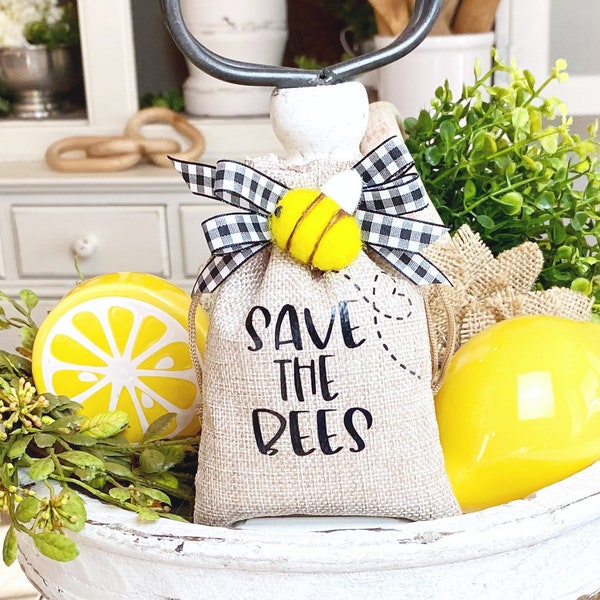 Mini SAVE the BEES Sack* Mini Burlap Sack. Bee Tiered Tray Decor. Farmhouse Decor. Honey Bee Tray Decor.