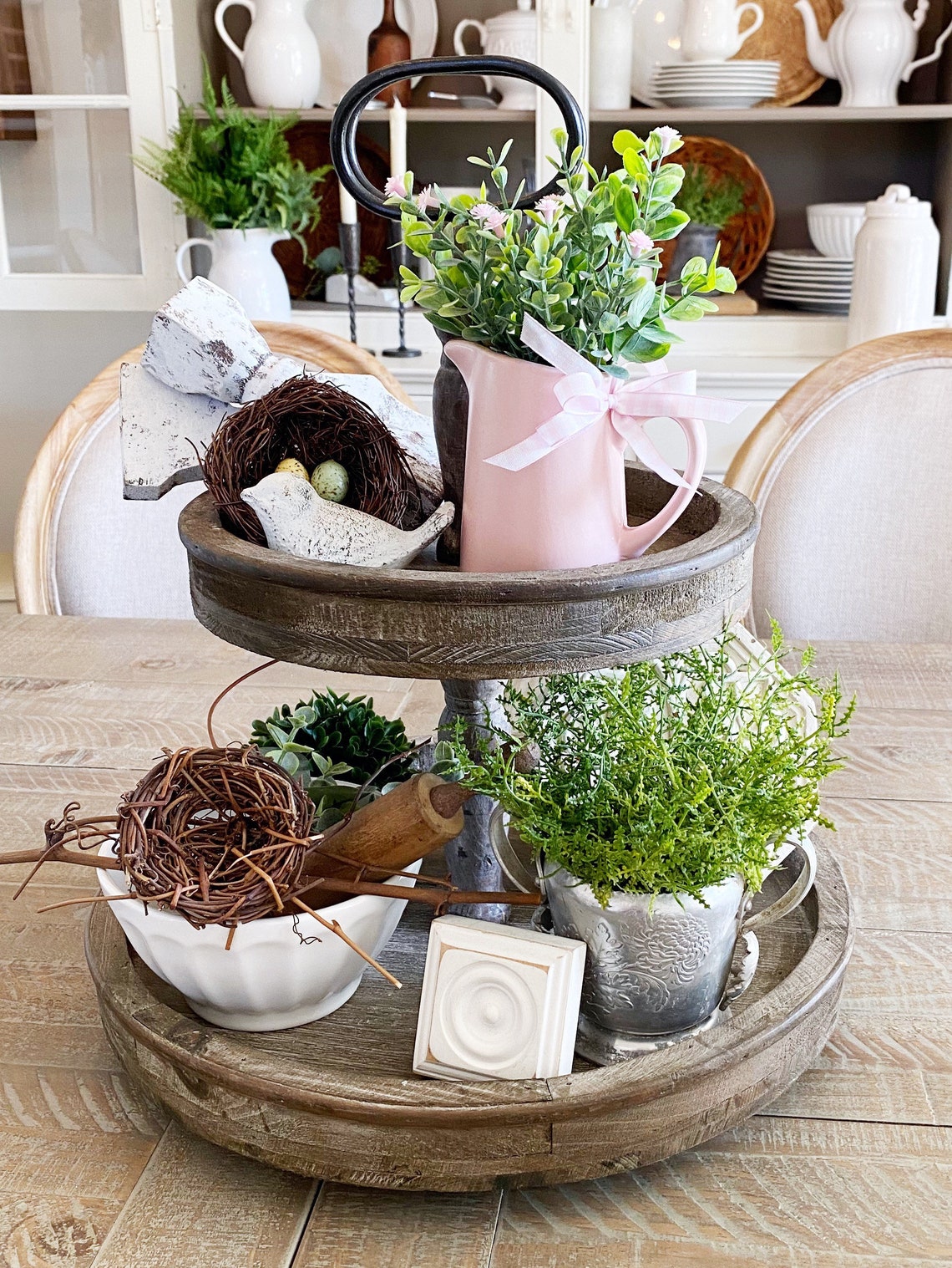 MINI Tiered Tray Arrangement. Mini PINK Flowers with Boxwood Etsy