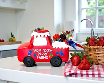 New!! Mini Berry Truck. Patriotic Tray Decor.  Mini Ceramic Red Truck. 4th of July